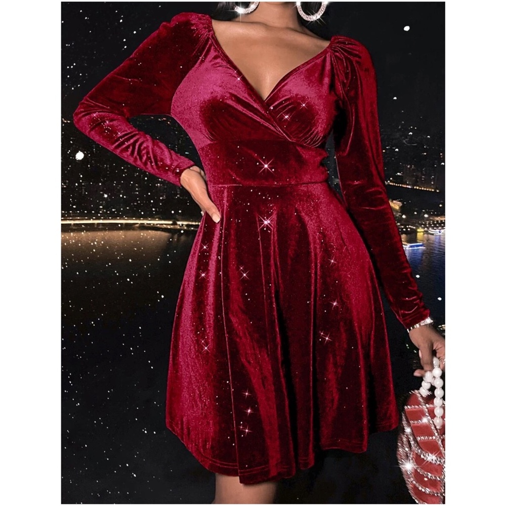 Luxe Surplice Velvet Long Sleeve Party Evening Dress - Picture 8 of 11